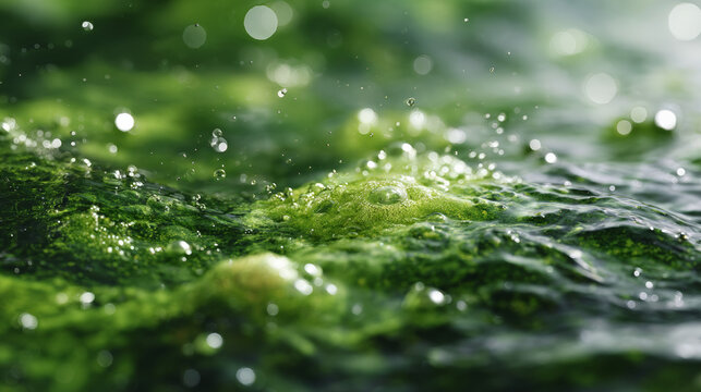 Green algae bubbling on water surface with droplets closeup