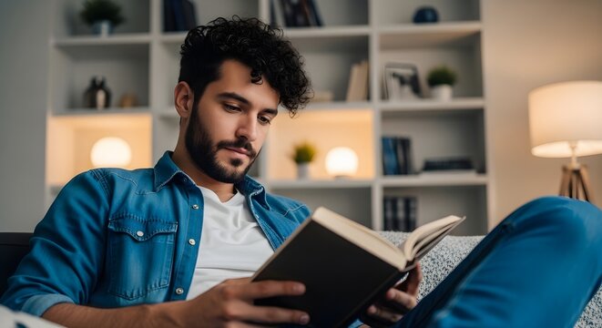 Young Man Reading a Book While Relaxing on a Couch at Home