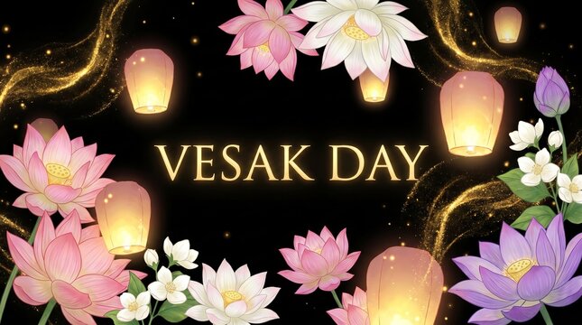 Glowing Vesak Day animation with blooming flowers, floating lanterns and golden light effects on dark black background, with words &ldquo;VESAK DAY&rdquo;, peaceful spiritual celebration concept