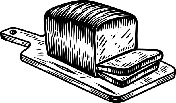 Sliced loaf of bread on wooden cutting board vintage hand drawn bakery illustration