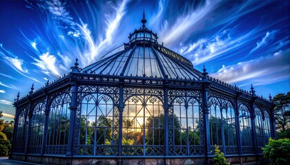 Fototapeta premium Victorian greenhouse iron lattice structure with sunburst rays at dusk in botanical garden