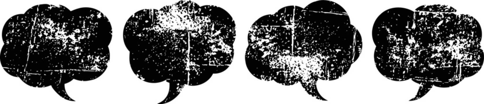 four grunge speech bubbles in black with textured distressed effect
