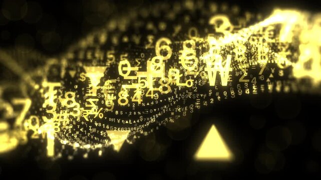 Seamless gold particle data wave with global currency symbols ($ &euro; &pound; &yen; ₹). 20-second loop. 4K. Screen or Add blend mode for compositing. Fintech, crypto, banking, corporate presentations. Big data.