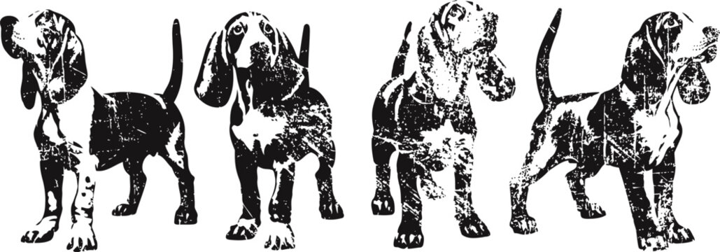 Silhouettes of four beagle dogs in various standing poses with tails raised and ears floppy