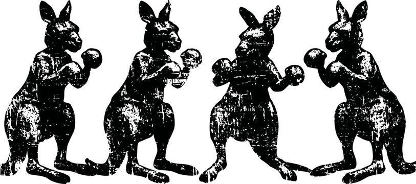 Four vintage kangaroo figurines standing and holding small round objects in symmetrical poses