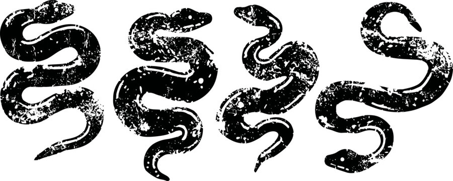 grunge vintage snake silhouettes set in various curled poses, reptile design elements