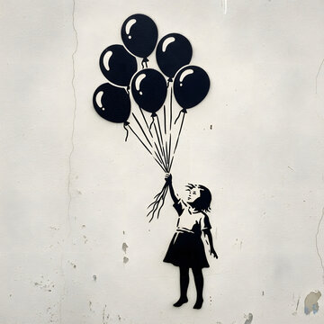 Little girl holding a bunch of black balloons in a street art style illustration