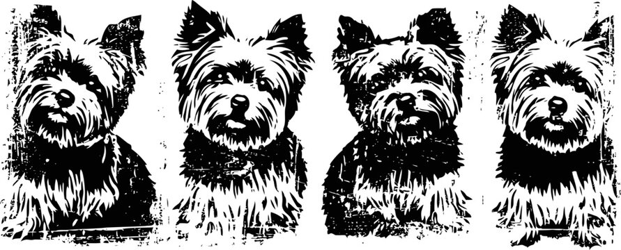 black and white yorkshire terrier illustrations set of four cute dog faces with fluffy fur and pointy ears