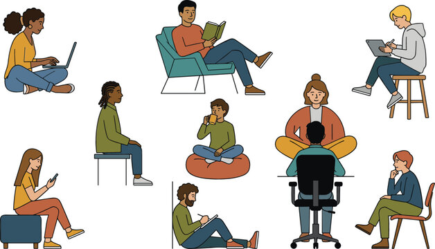 Diverse people reading, studying and using digital devices vector illustration collection featuring students, remote workers and modern lifestyle activities