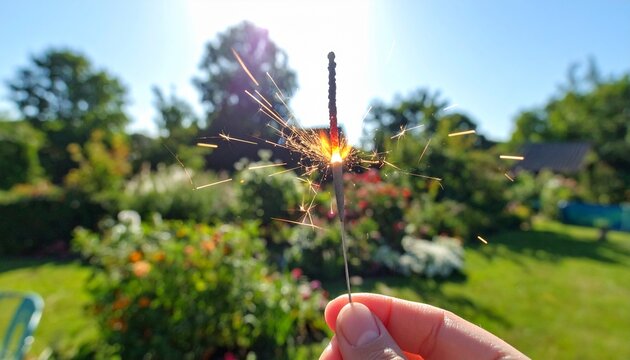 Sparkler lighting up with bright sparks in a lush summer garden during daytime