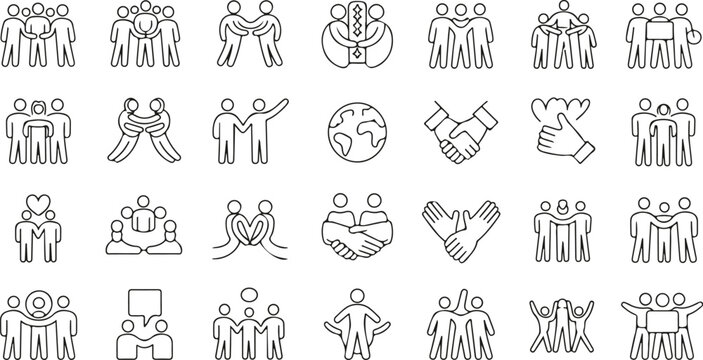 Collection of diverse human interaction and activity icons isolated on transparent background