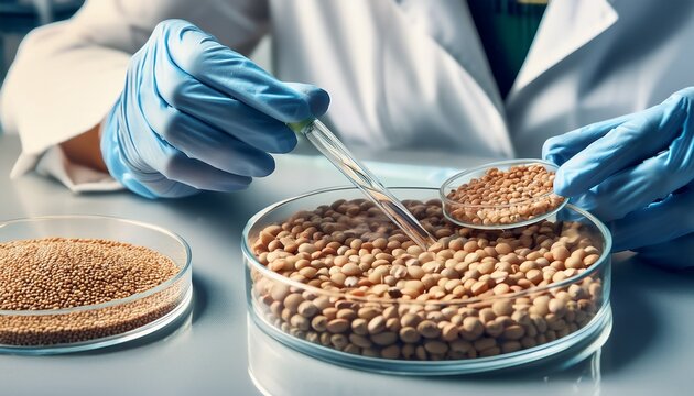 researcher analyzing agricultural grains and legumes in the laboratory