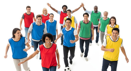 Fototapeta premium A diverse group of young adults running together in colorful jerseys on a white background