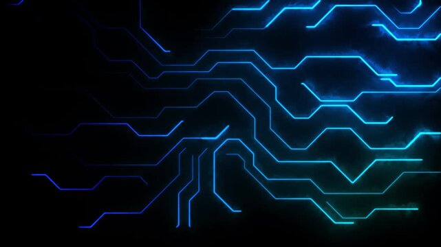 Abstract Circuitry Background: A dynamic, glowing digital circuit board pattern in vibrant blue and teal hues, suggesting technology and data flow against a dark, abstract backdrop.