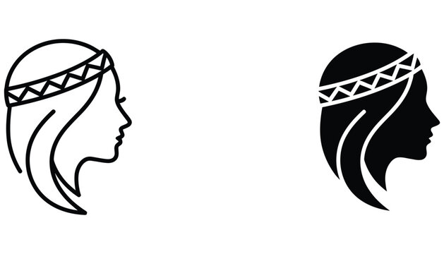 Elegant female profile silhouette with tribal headband vector illustration in outline and solid black graphic styles for beauty and wellness branding