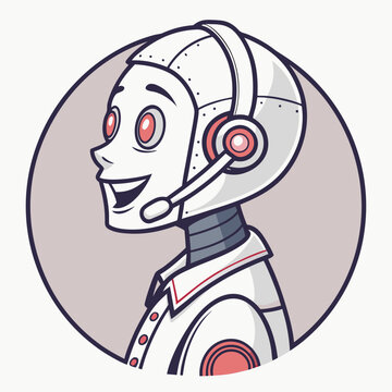 Smiling robot with red eyes wearing headset