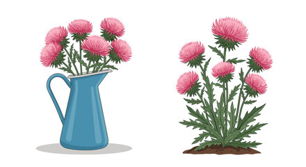 Obraz premium Vibrant pink thistle flowers are displayed in a blue ceramic pitcher alongside a natural plant growing in dark soil.