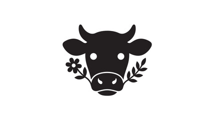 Cow face silhouette with floral doodle elements, cute minimalist icon for farm logo, sticker, and print design © Moinul