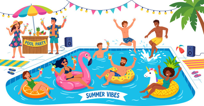 Summer pool party with friends and floating fun