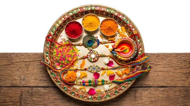 Decorative brass puja plate with rakhi threads kumkum turmeric and oil lamp on surfaces.
