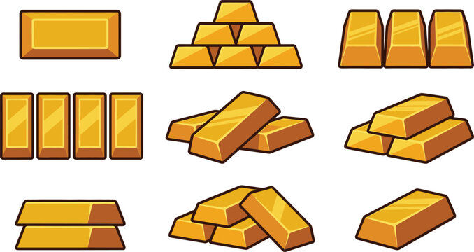 Set of shiny gold bar vector illustrations featuring stacked bullion, treasure ingots and luxury wealth investment symbols isolated on background