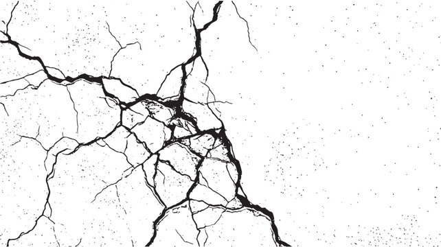Plaster wall crack close-up with white grunge texture, fractured concrete lines and speckled dust on worn surface