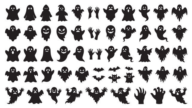 Ghosts Halloween set with various spooky expressions and shapes featuring eerie, vector, black with silhouettes and scary elements for haunted,