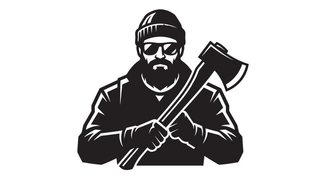 Lumberjack silhouette in black hat holding axes crossed with beard and plaid style graphic for rustic outdoor designs