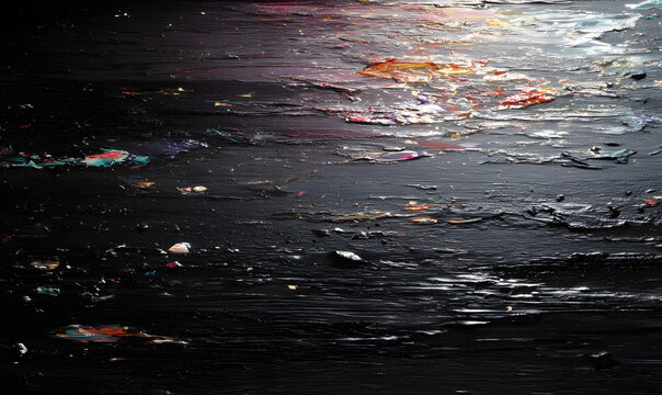 Abstract black painted texture with rough strokes and shiny metallic accents.