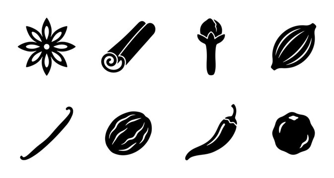 Spice Icons Set: Star Anise, Cinnamon Stick, Clove, Cardamom, Vanilla Bean, Nutmeg, Chili Pepper, Peppercorn Vector Graphics for Culinary and Food Design