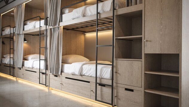 Focused view on femaleonly loft hostel dorm bunks with soft lighting personal storage lockers and a stylish minimalistic design highlighting wood and metal elements.