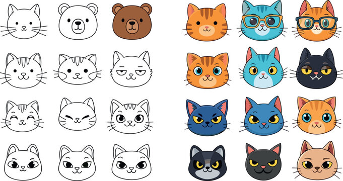 Cute Cat and Bear Face Vector Set with Outline and Colorful Cartoon Characters, Various Expressions and Emotions Isolated on White Background