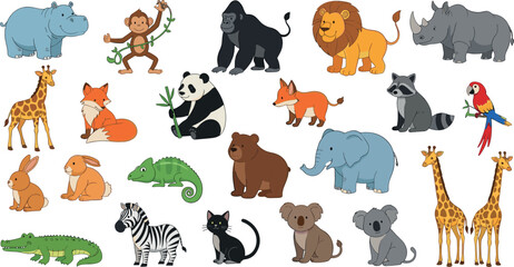Cute cartoon wild animals mega collection featuring hippo monkey gorilla lion rhino giraffe fox panda raccoon elephant zebra koala parrot isolated on white background © Rejaul