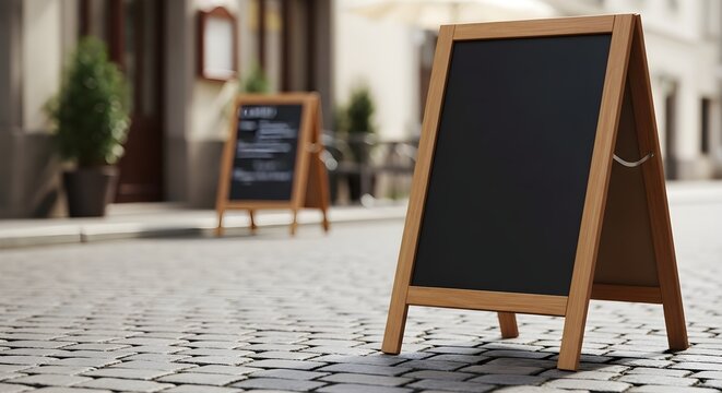 Wooden Sandwich Board Signs Outside Restaurant on Cobblestone Street