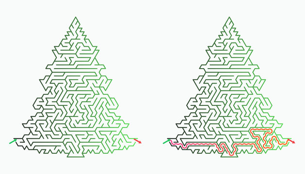 Christmas tree maze illustration with colorful pathways for holidays  