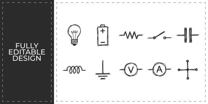 Hand drawn electronics and physics circuit icons with battery bulb and resistor symbols flat vector illustration icon bundle set high resolution