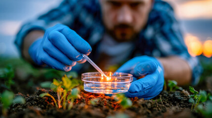 Obraz premium Scientist in blue gloves collecting soil and water samples in the field for environmental research and agricultural testing