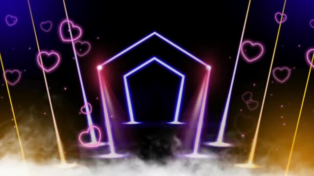 Neon Pentagonal Heart Background with Floating Glowing Hearts and Stage Lighting Effects