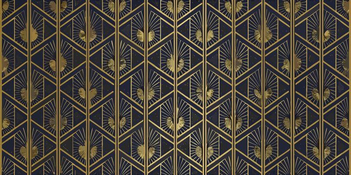art deco fan shell pattern in gold and navy blue
