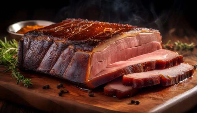 a sliced piece of smoked brisket with a rich glossy and slightly charred surface showcasing the meat s tender texture and the vibrant smoky flavor