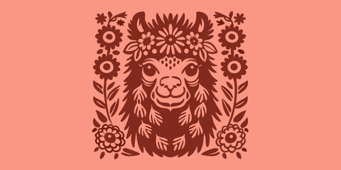 llama illustration with floral crown and decorative foliage © Prosanta
