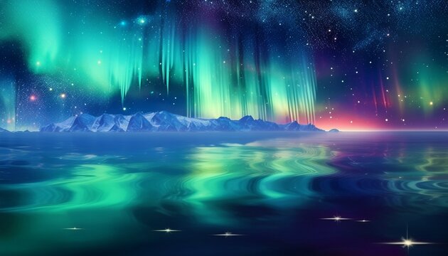 green blue aurora borealis on starry sky northern sea wave reflection nature nebula cosmic starry background