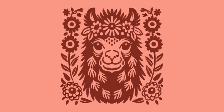 llama illustration with floral crown and decorative foliage