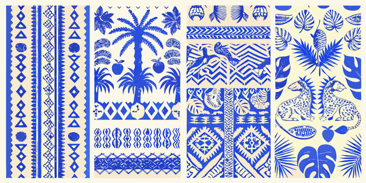 blue and cream tropical botanical pattern set of four panels