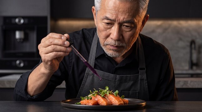 Senior male chef using lab pipette for precision nutrition plating with raw salmon, anti-aging culinary science.