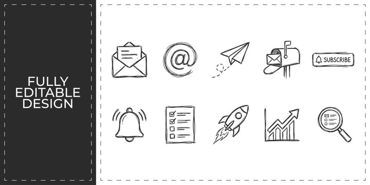 Hand drawn communication and mail icons with envelope megaphone and digital news symbols flat vector illustration icon bundle set high resolution