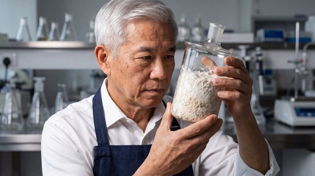 Senior asian man observing tempeh mycelium fermentation in science lab beaker, food tech and healthy longevity.