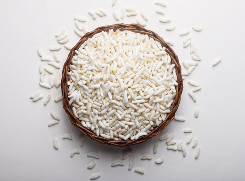 Indian food called Murmura or Muri Puffed rice isolated on white background 