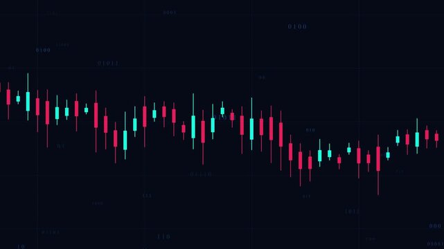 Candlestick Chart: A dynamic cryptocurrency trading chart displays fluctuating market trends with red and green candlestick patterns against a dark background.