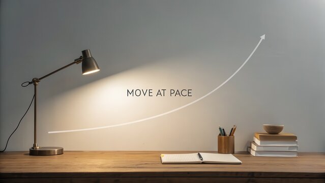 Minimal desk scene featuring lamp and text message on wall